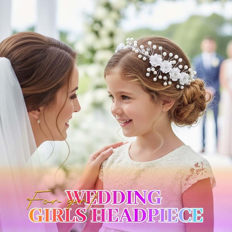 Campsis Flower Girls Hair Accessory, White Floral Headband, Pearl Headpiece for Bridal - Image 4